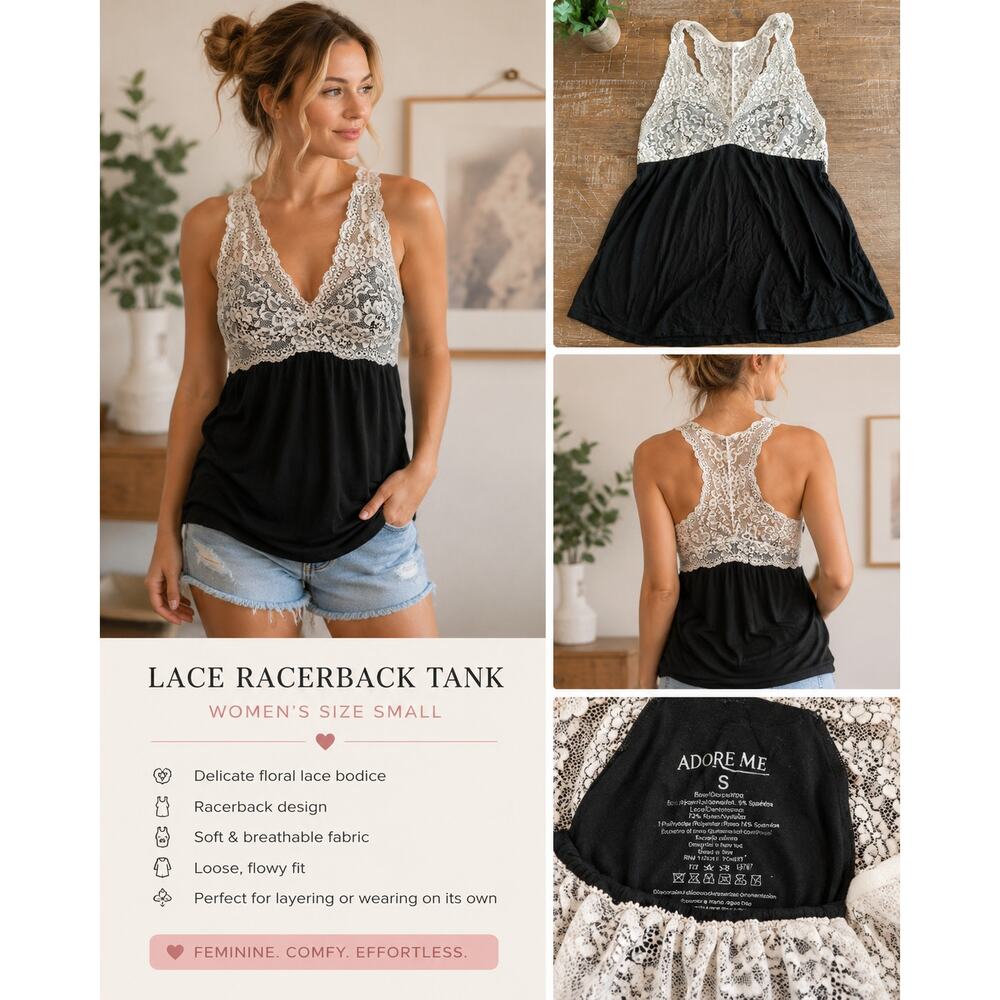Adore Me Lace Racerback Tank Top Womens Small Black Cream Flowy Cami